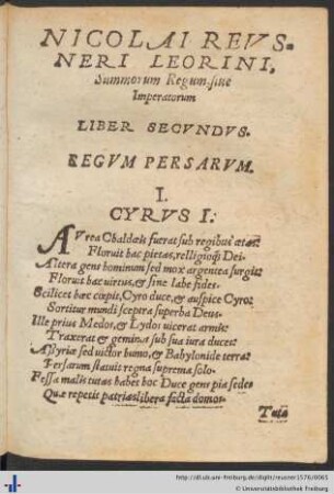 Nicolai Reusneri Leorini Summorum regum Liber Secundus.