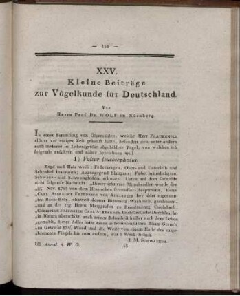 XXV. Kleine Beiträge zur Vögelkunde für Deutschland.