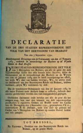 Declaratie Van De Dry Staeten Representerende Het Volk Van Het Hertogdom Van Brabant. Van den 7 September 1790