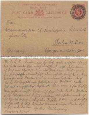 Briefkarte des Missionsinspektors Pastor Gabriel Sauberzweig-Schmidt von seiner Visitationsreise nach China aus Hongkong an seine Ehefrau u.a. über die Sendung eines Pakets