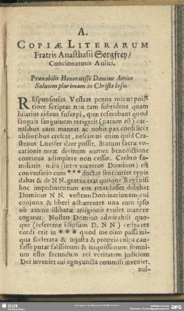 A. Copiae Literarum Fratris Anasthasii Sorgfrey, Concionatoris Aulici