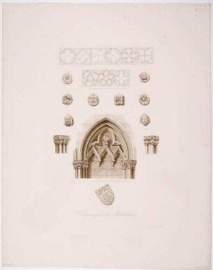 Verzierungen des Mittelchors, Kapitäle, Rosetten, Bögen, Wappen, Blatt Nr. 11. aus Mappenwerk "Der Dom zu Meißen" von Friedrich Wilhelm Schwechten