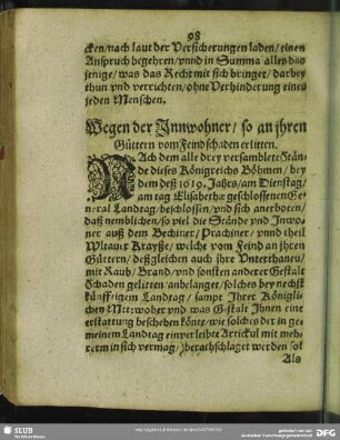 Wegen der Innwohner, so an ihren Güttern vom Feind schaden erlitten