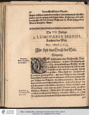 Die VII. Predigt. 5. LUMINARIA MUNDI, Liechter der Welt.