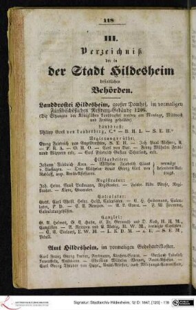 III. Verzeichniß der in der Stadt Hildesheim befindlichen Behörden.