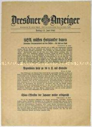 Nachrichtenblatt "Dresdner Anzeiger" u.a. zu japanischen Angriffen in China