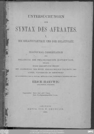 Untersuchungen zur Syntax des Afraates : I. die Relativpartikel und der Relativsatz