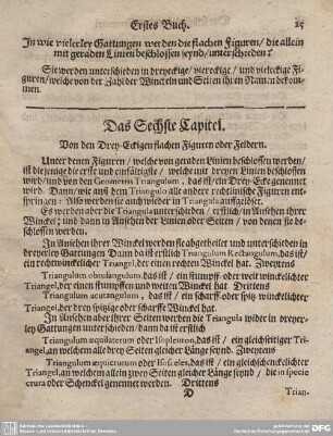 Das Sechste Capitel. Von den Drey-Eckigen flachen Figuren oder Feldern.
