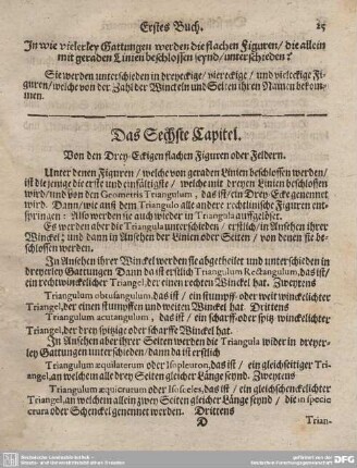Das Sechste Capitel. Von den Drey-Eckigen flachen Figuren oder Feldern.