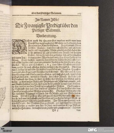 Die Zwanzigste Predigt über den Prediger Salomon.