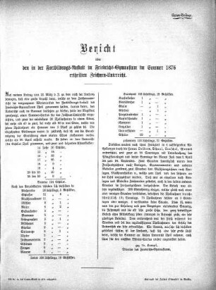 Bericht über den in der Fortbildungs-Anstalt im Friedrichs-Gymnasium im Sommer 1876 ertheilten Zeichnen-Unterricht
