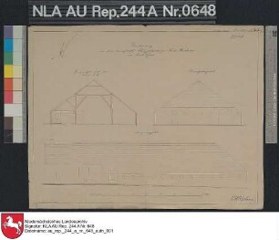 Querprofil, Giebelansicht und Längenansicht vom Platzgebäude der Domäne Nordwerdum bei WERDUM Kolorierte Zeichnung von H. Balke Papier Format 39,0x29,8 M 1:161