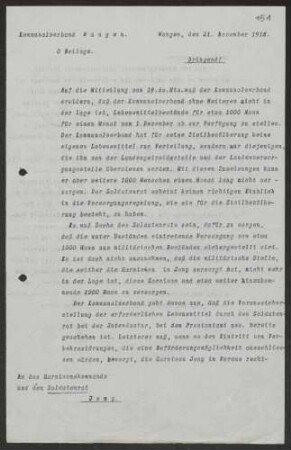 Sicherstellung der Lebensmittelversorgung der Garnison Isny