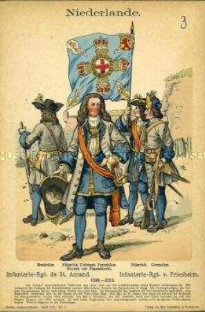Uniformdarstellung, Musketier, Fähnriche und Grenadier verschiedener Infanterie-Regimenter, Vereinigte Niederlande, 1701/1713.