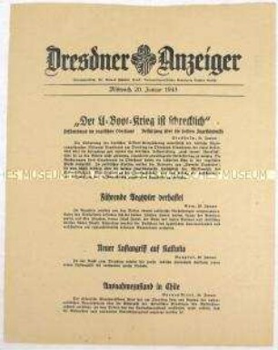 Nachrichtenblatt "Dresdner Anzeiger" u.a. zum Unterseebootkrieg aus britischer Sicht