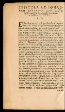 Epistola Ad Iohannem Bellaium Langaeum Episcopum Parisiensem ...