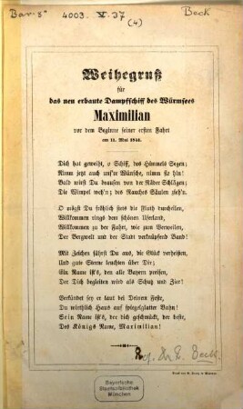 Einzelne Gedichte, 4. Weihegruß für das neu erbaute Dampfschiff des Würmsees Maximilian vor dem Beginn seiner ersten Fahrt am 11. Mai 1851