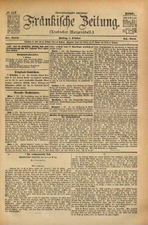 Fränkische Zeitung : Fränkische Tageszeitung ; amtliches Organ der NSDAP ; Amtsblatt aller Behörden, 1887,10/12 = Jg. 43