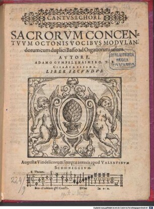 SACRORVM CONCENTVVM OCTONIS VOCIBVS MODVLANdorum cum duplici Basso ad Organorum usum : AVTORE. ADAMO GVMPELZHAIMERO ... LIBER SECVNDVS
