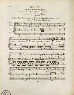 ROMANCE Chantée par Martin Dans Koulouf Paroles de Pixerecourt. Musique de Dalayrac. Arrangée pour Piano ou Harpe. (As tu perdu)