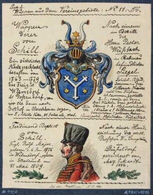 Das Wappen der Familie Schill und Bildnis des uniformierten Ferdinand von Schill
