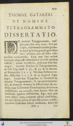 Thomae Gatakeri De Nomine Tetragrammato Dissertatio.