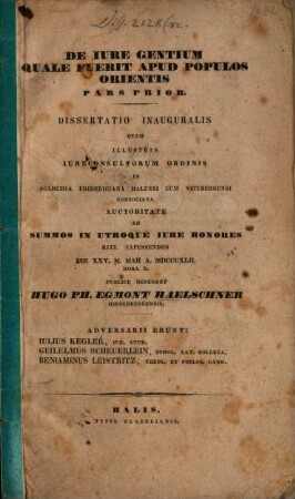 De jure gentium quale fuerit apud populos Orientis : P. prior. Diss. inaug.