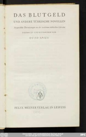 Das Blutgeld und andere türkische Novellen : ausgew. Übers. aus der modernen türkischen Literatur