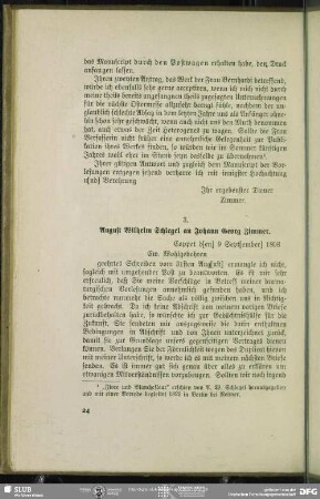 August Wilhelm von Schlegel an Johann Georg Zimmer, Coppet, 09.09.1808