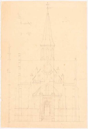 Kirche: Aufriss Westseite mit Turm, Maßstabsleiste