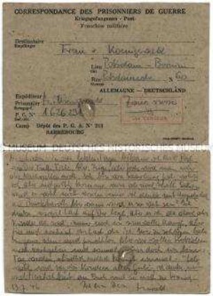 Vordruck-Postkarte von Harald von Koenigswald aus dem Kriegsgefangenenlager Sarrebourg u.a. über seine Verlegung in ein anderes Lager - Familienkonvolut