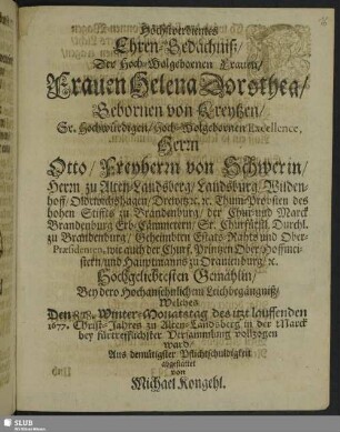 Höchstverdientes Ehren-Gedächtniß Der ... Frauen Helena Dorothea, Gebornen von Kreytzen ...