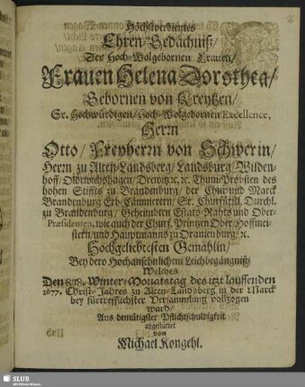 Höchstverdientes Ehren-Gedächtniß Der ... Frauen Helena Dorothea, Gebornen von Kreytzen ...