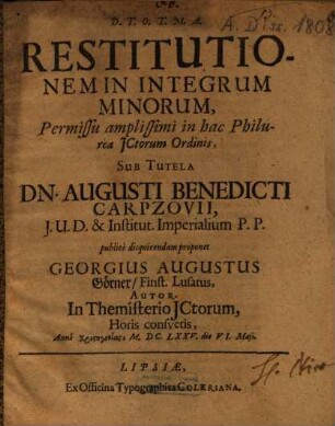 Restitutionem In Integrum Minorum ... Sub Tutela Dn. Augusti Benedicti Carpzovii ... proponet Georgius Augustus Görner, Finst. Lusatus, Autor ...