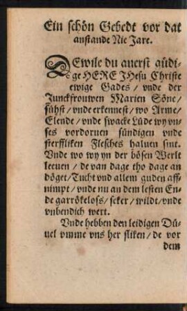Ein schön Gebedt vor dat anstande Nie Jare.