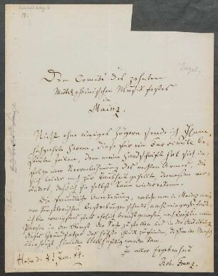 Brief von Robert Franz an Mainzer Liedertafel