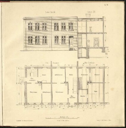 Tafel VI: Beispiel eines Arbeiterwohnhauses, Ansicht, Schnitt, Grundriss
