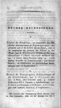 Traité de géodésie, ou exposition des méthodes astronomiques et trigonométriques, appliquées soit à la mesure de la terre, soit à la confection du canevas des cartes et des plans / Louis Puissant. - A Paris : Courcier, 1805