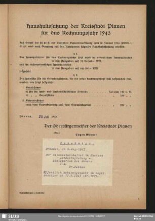 Haushaltssatzung der Kreisstadt Plauen für das Rechnungsjahr 1943