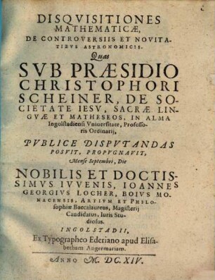 Disquisitiones Mathematicae, De Controversiis Et Novitatibus Astronomicis