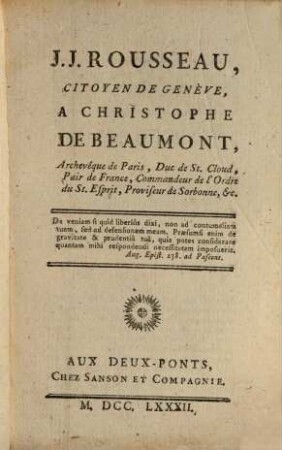 Collection Complette Des Oeuvres De J. J. Rousseau, Citoyen de Genève, 11. Mélanges ; 1