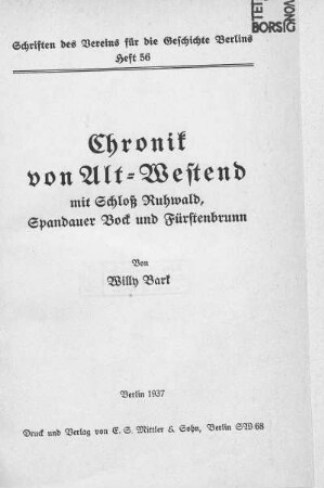 Chronik von Alt-Westend : mit Schloss Ruhwald, Spandauer Bock und Fürstenbrunn