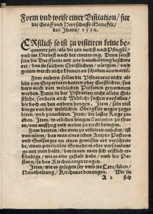 Form und weise einer Visitation/ fur die Graff und Herrschafft Mansfelt/ des Jhars/ 1554.