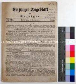 Tageszeitung Leipziger Tageblatt und Anzeiger, Nr. 321 mit Adressen zum Tode Robert Blums (Druckbogen)