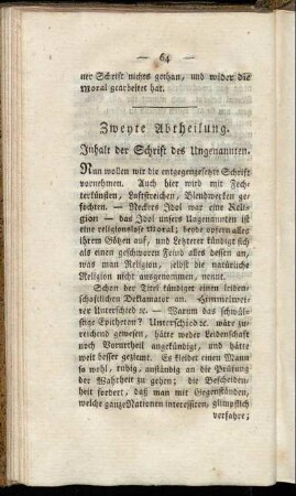 Zweyte Abtheilung. Inhalt der Schrift des Ungenannten.