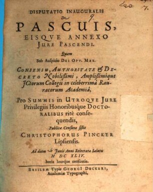 Disputatio inauguralis De pascuis, eisqve annexo jure pascendi