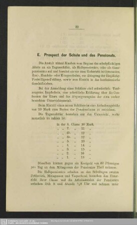 E. Prospect der Schule und des Pensionats