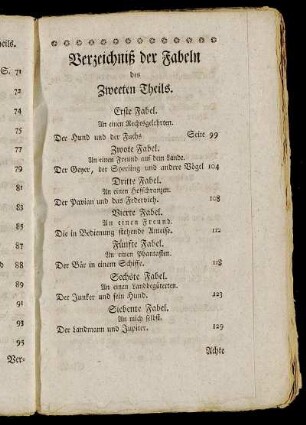 Verzeichniß der Fabeln des Zweeten Theils.