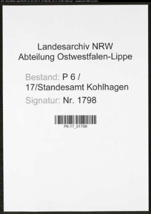 Heiratsregister Standesamt Kohlhagen