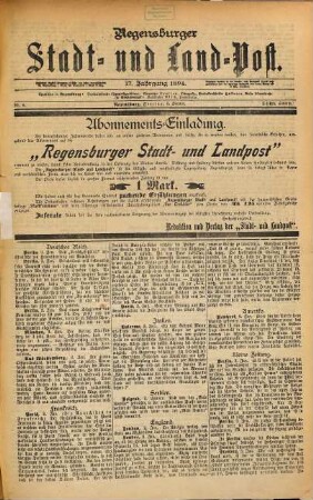 Regensburger Stadt- und Land-Post. 1894,1/4 = Jg. 17, 5. Jan. - 6. Apr.